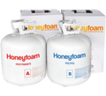 Two Honeyfoam foam curing agents with their packaging on a white background