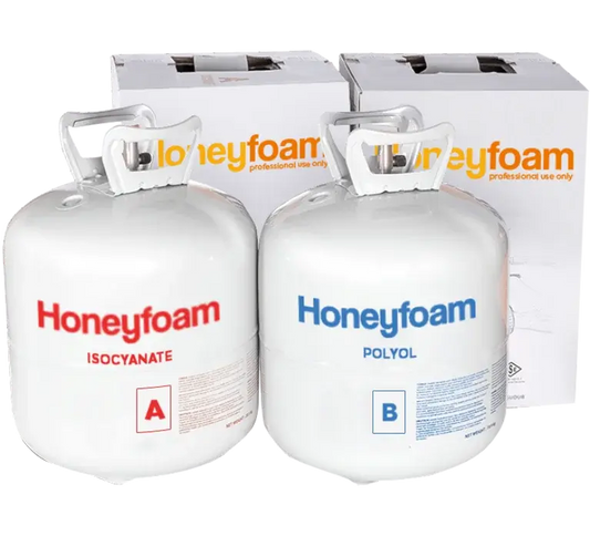 Two Honeyfoam foam curing agents with their packaging on a white background