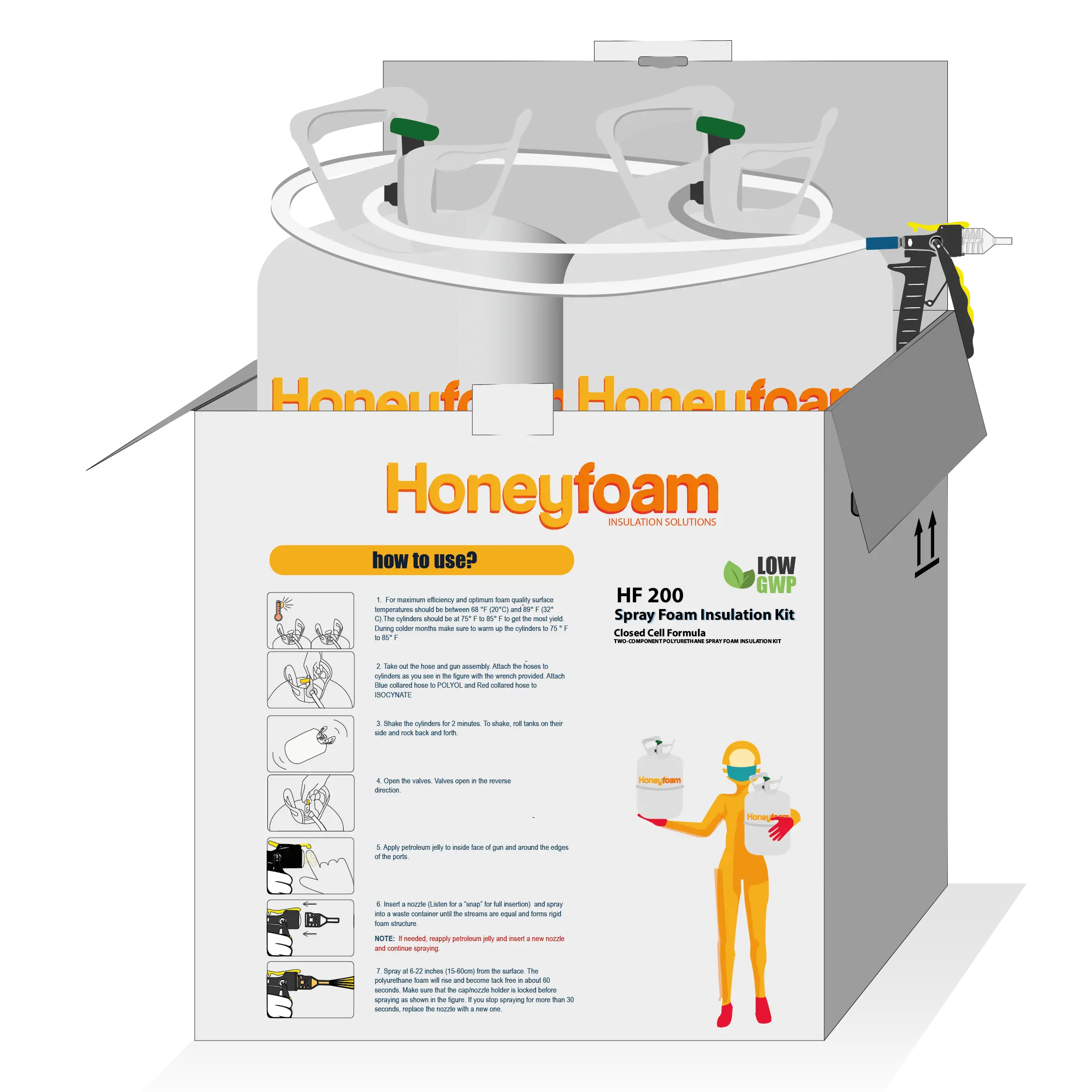 Honeyfoam spray foam insulation kit packaging with instructions on a white background